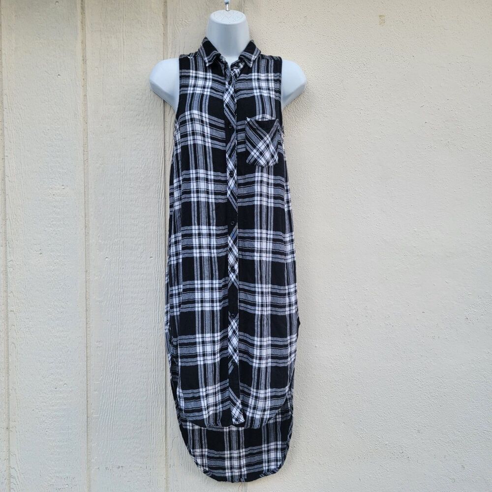 Rails Jordyn Plaid Side Split Tunic Duster Blk/wht Sz Xs Flannel Collared Long - Picture 2 of 7